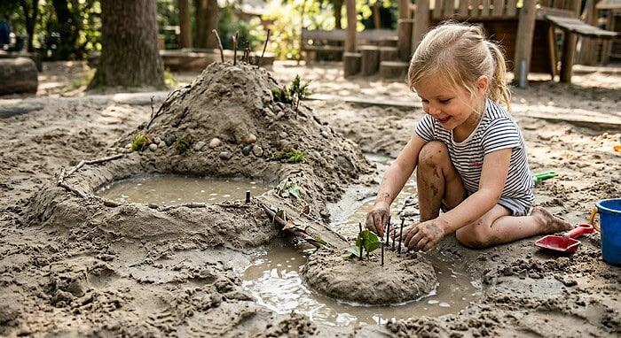 Landforms in sandpit Young girl playing in sandbox, building a small sandcastle with water and toys in an outdoor playground.