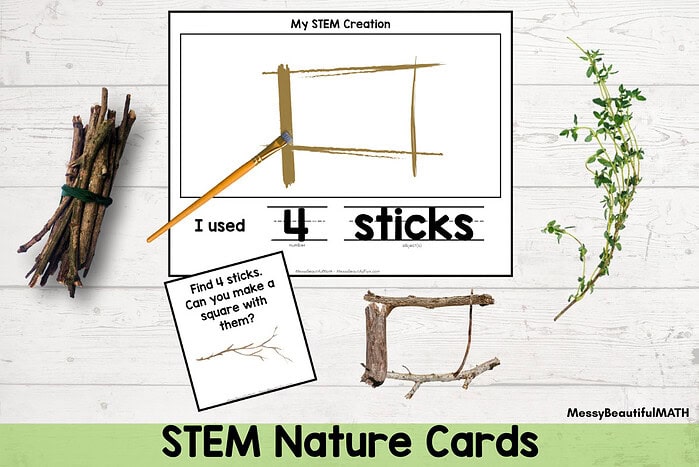 Pre-K Homeschool Math STEM nature cards activity with sticks and branches for educational learning.