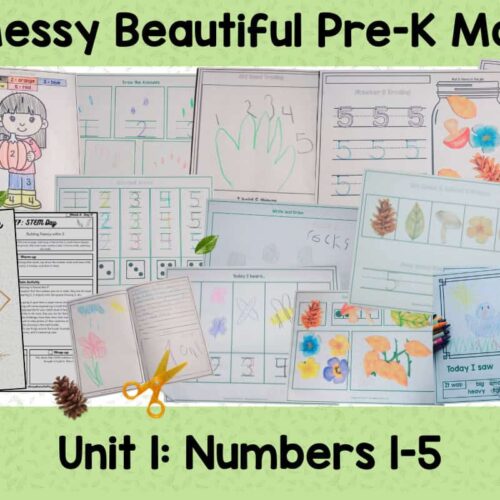 Pre-K math learning materials including number worksheets, coloring pages, and activity guides for numbers 1-5 from Homeschool Resource Co.