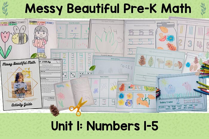 Preschool Math Curriculum Nature Play Based (2) Pre-K math learning materials including number worksheets, coloring pages, and activity guides for numbers 1-5 from Homeschool Resource Co.