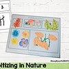 Preschool at home Educational nature-themed activity sheet with leaves, flowers, and mushrooms for homeschooling.