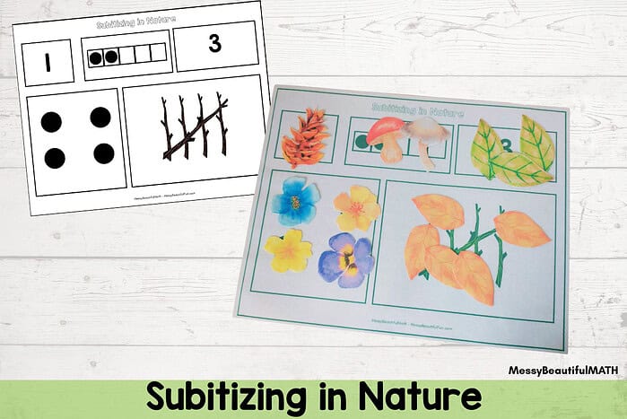 Preschool at home Educational nature-themed activity sheet with leaves, flowers, and mushrooms for homeschooling.