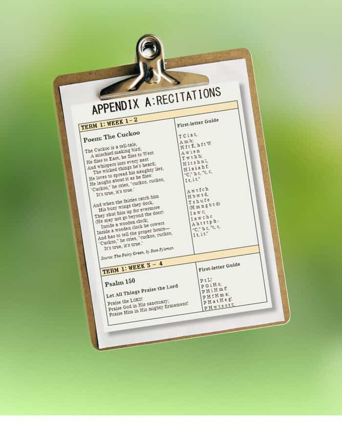 Educational recitation chart on clipboard for homeschooling, featuring poem and psalm with phonetic guides, ideal for homeschool learning resources.