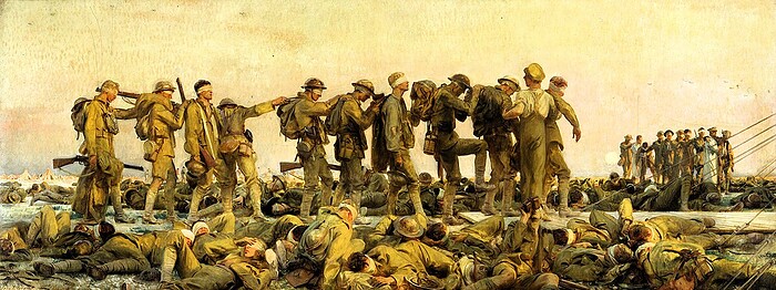 Sargent,_John_Singer_(RA)_-_Gassed_-_Google_Art_Project A soldier helping a wounded comrade during a military training exercise, with other soldiers in the background.