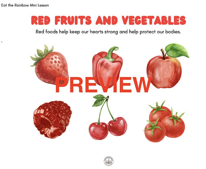 Screenshot 2026-06-17 at 11.12.30 AM Colorful illustration of red fruits and vegetables including strawberries, bell pepper, apple, raspberries, cherries, and tomatoes for homeschool learning.