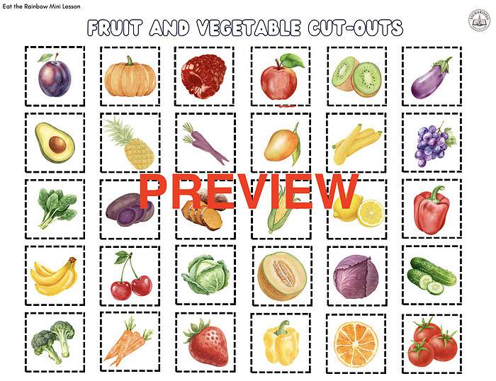 Screenshot 2026-06-17 at 11.12.45 AM Colorful fruit and vegetable cut-outs for educational activities, including apple, pumpkin, beet, kiwi, eggplant, avocado, pineapple, eggplant, banana, grapes, lettuce, eggplant, garlic, lemon, tomato.