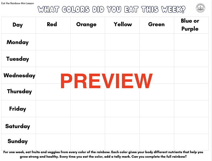 Screenshot 2026-06-17 at 11.12.58 AM Colorful weekly food diary chart for children to track fruit and vegetable intake by color each day.