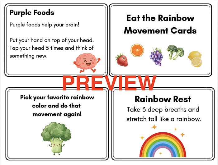 Screenshot 2026-06-17 at 11.13.09 AM Rainbow movement cards for kids with colorful fruit illustrations and fun activities for homeschooling.