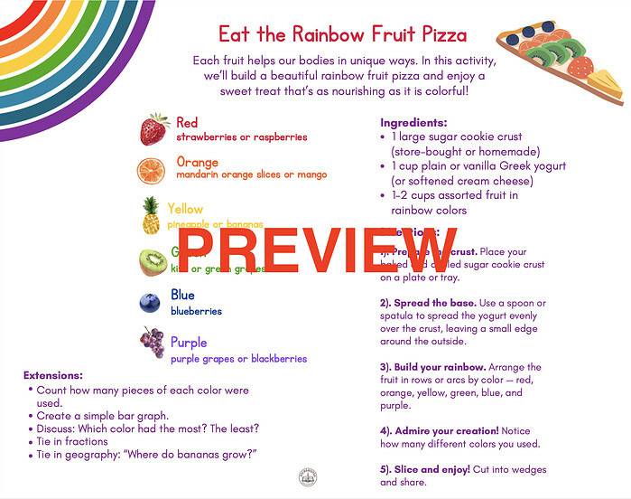 Screenshot 2026-06-17 at 11.13.26 AM Colorful rainbow fruit pizza with various fruit toppings including strawberries, oranges, pineapples, blueberries, and grapes, designed for kids' educational activities.