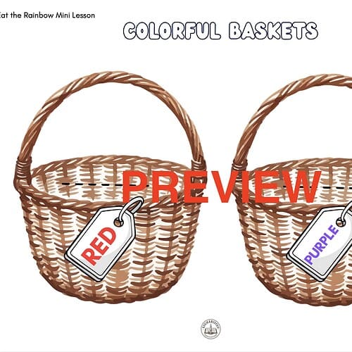 Colorful baskets with tags labeled 'Red' and 'Purple' for a rainbow mini lesson on colors.