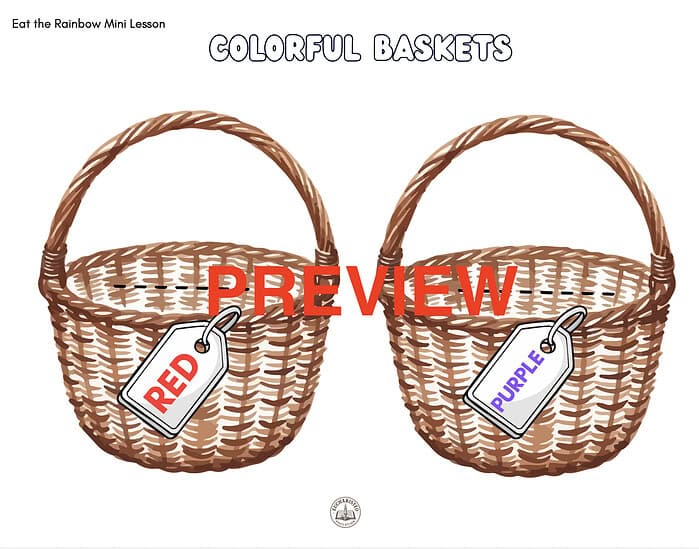 Screenshot 2026-06-17 at 11.13.42 AM Colorful baskets with tags labeled 'Red' and 'Purple' for a rainbow mini lesson on colors.