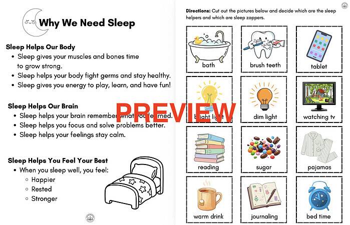 Screenshot 2026-06-18 at 10.09.05 PM Educational infographic on the importance of sleep for children, highlighting benefits for the body, brain, and mood with illustrations of sleep-related activities.