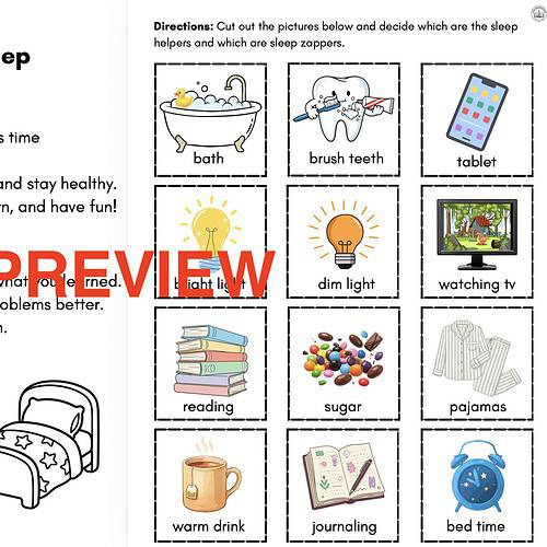 Educational infographic on the importance of sleep for children, highlighting benefits for the body, brain, and mood with illustrations of sleep-related activities.