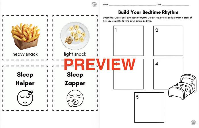 Screenshot 2026-06-18 at 10.10.35 PM Educational worksheet for building a bedtime rhythm with images of snacks, sleep helpers, and a bed.