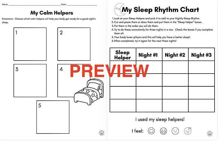 Screenshot 2026-06-18 at 10.11.28 PM My Sleep Rhythm Chart and My Calm Helpers worksheet for homeschooling, designed to track sleep patterns and promote relaxation.