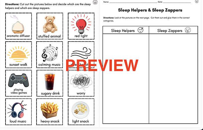 Screenshot 2026-06-18 at 10.12.38 PM Educational sleep aid activity for children featuring images of calming objects and activities like sunset walk, calming music, and heavy snack.