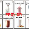 Collection of beverages including water, milk, fruit smoothie, sparkling water, orange juice, chocolate milk, nut milk, and bubble tea.