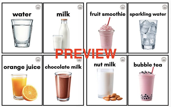 Collection of beverages including water, milk, fruit smoothie, sparkling water, orange juice, chocolate milk, nut milk, and bubble tea.