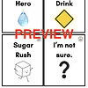 Educational comic strip about hydration and sugar intake with four panels showing a water droplet, a caution sign, a sugar cube, and a question mark.