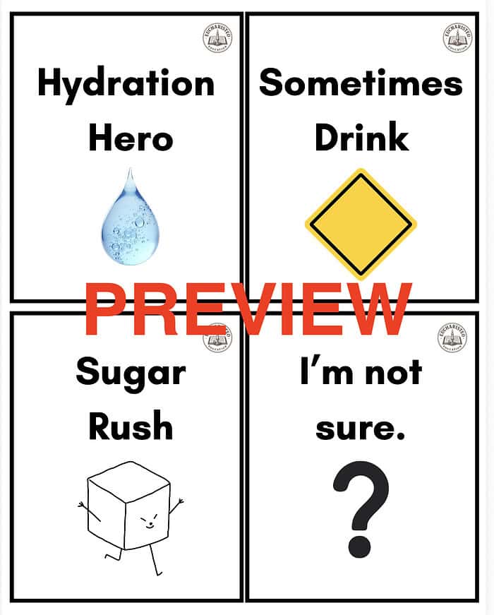 Educational comic strip about hydration and sugar intake with four panels showing a water droplet, a caution sign, a sugar cube, and a question mark.