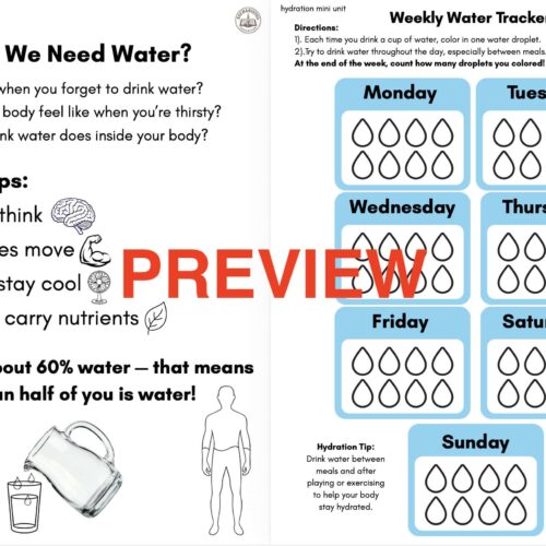 Weekly Water Tracker chart for homeschooling, showing daily water intake with water droplet icons for each day of the week.