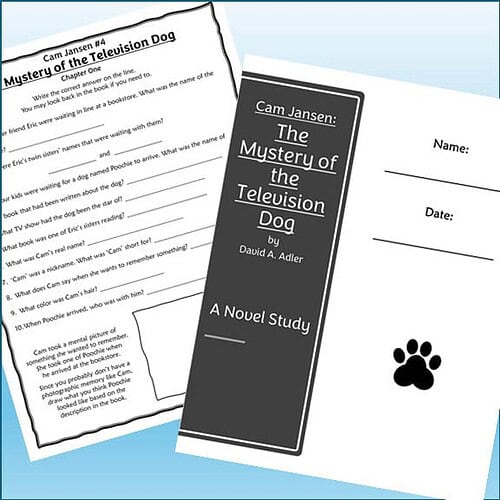 Image of a homeschool reading worksheet and a book titled 'The Mystery of the Television Dog' by David A. Adler, used for educational purposes.