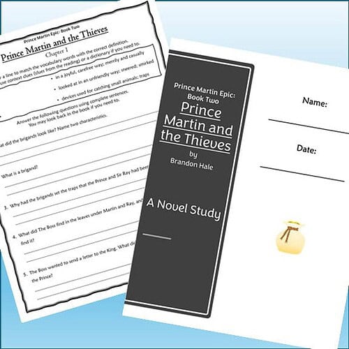 Educational worksheet and book cover for 'Prince Martin and the Thieves' by Brandon Hale, focusing on homeschool learning resources.