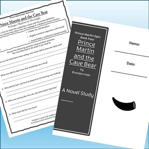 Educational worksheet and book cover for 'Prince Martin and the Cave Bear' by Brandon Hale, ideal for homeschooling resources.