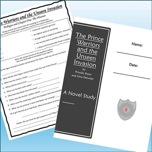 Homeschool resource materials including a novel study on 'The Prince Warriors and the Unseen Invasion' and a worksheet, designed for educational homeschooling activities.