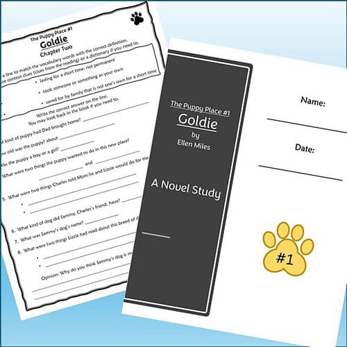 Homeschool resource materials featuring a chapter study worksheet and a book cover for 'Goldie' by Ellen Miles, designed for homeschooling activities.