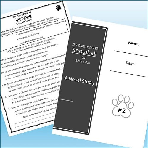 Cover of 'Snowball' by Ellen Miles, a children's book about a puppy's adventures, featuring a black and white design with paw print graphics.
