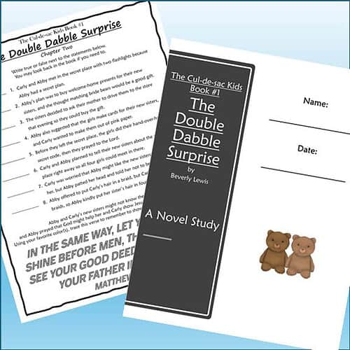 Open children's book titled 'The Double Dabble Surprise' by Beverly Lewis, featuring a black cover with white text and two teddy bears on the page.