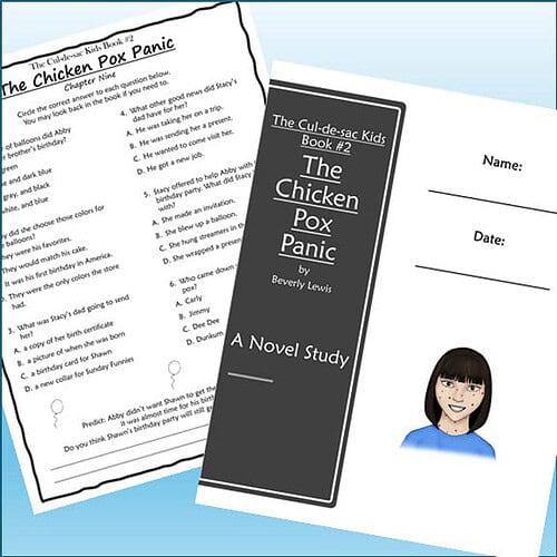 Educational worksheet and book cover for 'The Chicken Pox Panic' by Beverly Lewis, designed for homeschooling students.