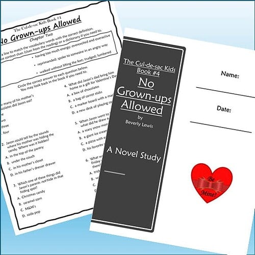 Educational worksheet titled 'No Grown-ups Allowed' by Beverly Lewis for homeschool learning, featuring a black cover with white text and a red heart with 'Be Mine!' message.