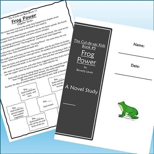 Educational worksheet for homeschooling featuring a frog-themed study on frog power by Beverly Lewis.