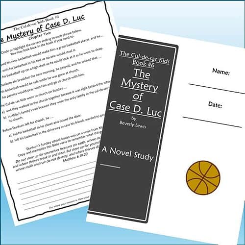 Homeschool resource featuring a black and white book cover of 'The Mystery of Case D. Luc' by Beverly Lewis and a worksheet with a basketball graphic, ideal for homeschooling activities.