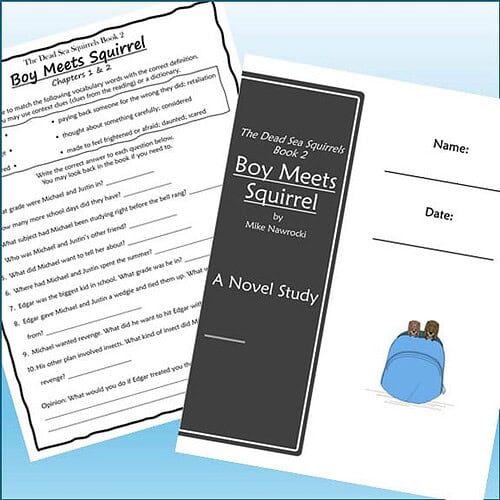 Educational worksheet and book cover for 'Boy Meets Squirrel' by Mike Nawrocki, designed for homeschooling activities.