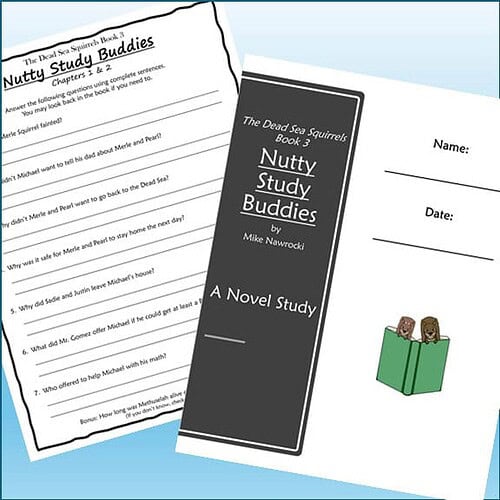 Homeschool resource book titled 'Nutty Study Buddies' by Mike Nawrocki, featuring a black cover with white text and a small illustration of two squirrels reading a green book.