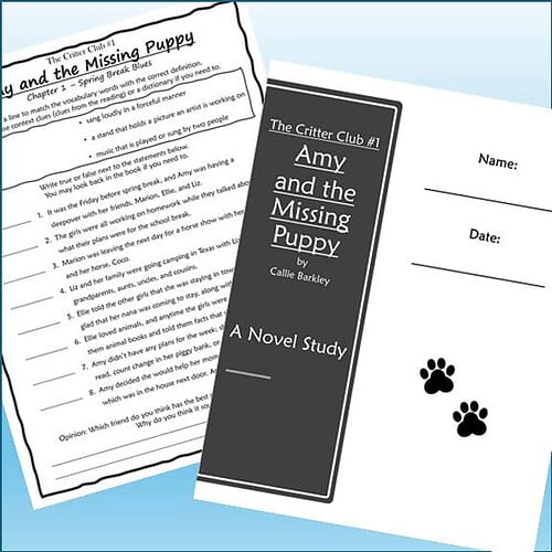 Homeschool resource worksheet and book cover for 'Amy and the Missing Puppy' by Callie Barkley, featuring paw print illustrations.