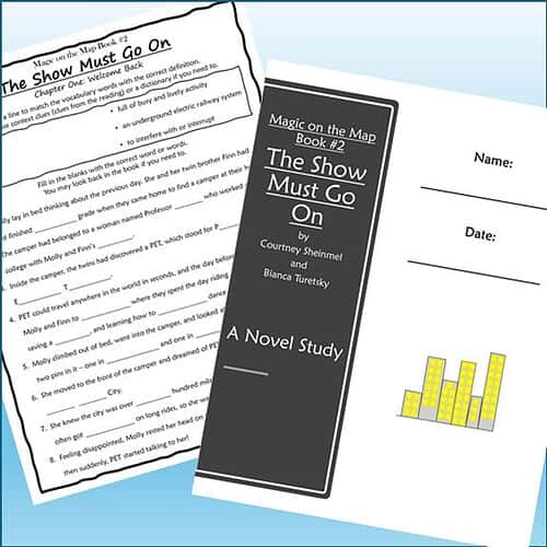 Cover of 'The Show Must Go On' book by Courtney Sheinmel and Bianca Turetsky, featuring a black and white design with a yellow bar graph illustration.