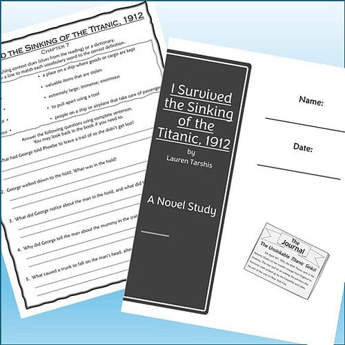 Homeschool resource materials for 'I Survived the Sinking of the Titanic, 1912' including a study guide and journal page.
