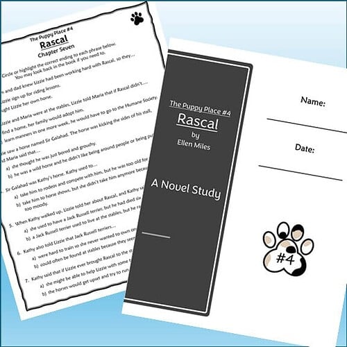 Homeschool resource featuring a book titled Rascal by Ellen Miles and a worksheet with a paw print design for homeschooling activities.