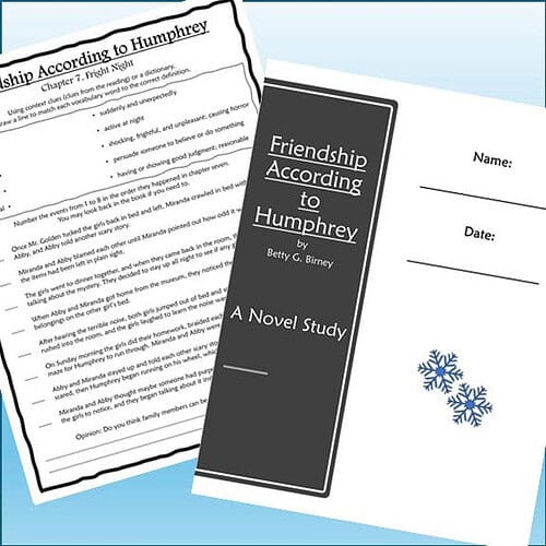 Homeschool resource page featuring 'Friendship According to Humphrey' novel study with snowflake illustrations.