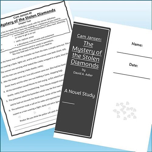 Close-up of a homeschool worksheet and a black booklet titled 'The Mystery of the Stolen Diamonds' by David A. Adler, used for educational activities.
