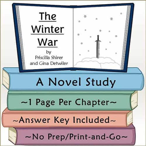 Homeschool Resource Co. Book Cover Educational book cover for 'The Winter War' by Priscilla Shirer and Gina Detwiler, featuring a snowflake design and a sword illustration.