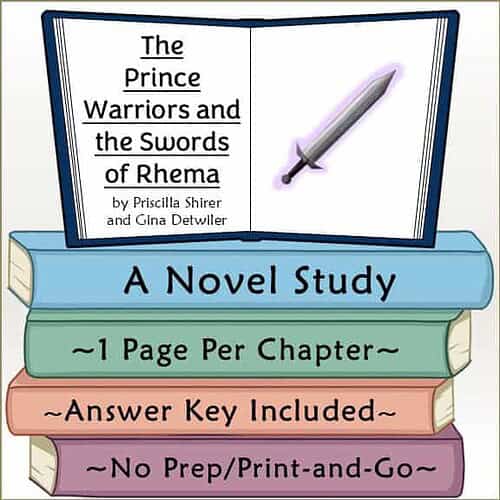 Homeschool Resource Co. Book Cover Educational book cover for 'The Prince Warriors and the Swords of Rhema' by Priscilla Shirer and Gina Detwiler, featuring a sword and colorful stacked books.