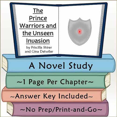 Homeschool Resource Co. Book Cover Educational book cover for 'The Prince Warriors and the Unseen Invasion' by Priscilla Shirer and Gina Detwiler, featuring a shield and open book design.