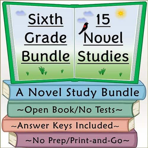 Homeschool Sixth Grade Novel Study Bundle Homeschool resource for sixth grade novel study bundle with open book, answer keys, and no prep print-and-go materials.