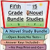 Fifth Grade Homeschool Study Bundle Colorful open book with fifth grade homeschool study bundle, including novel studies, answer keys, and no prep materials for easy homeschooling.