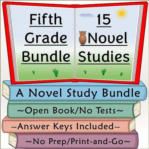 Fifth Grade Homeschool Study Bundle Colorful open book with fifth grade homeschool study bundle, including novel studies, answer keys, and no prep materials for easy homeschooling.